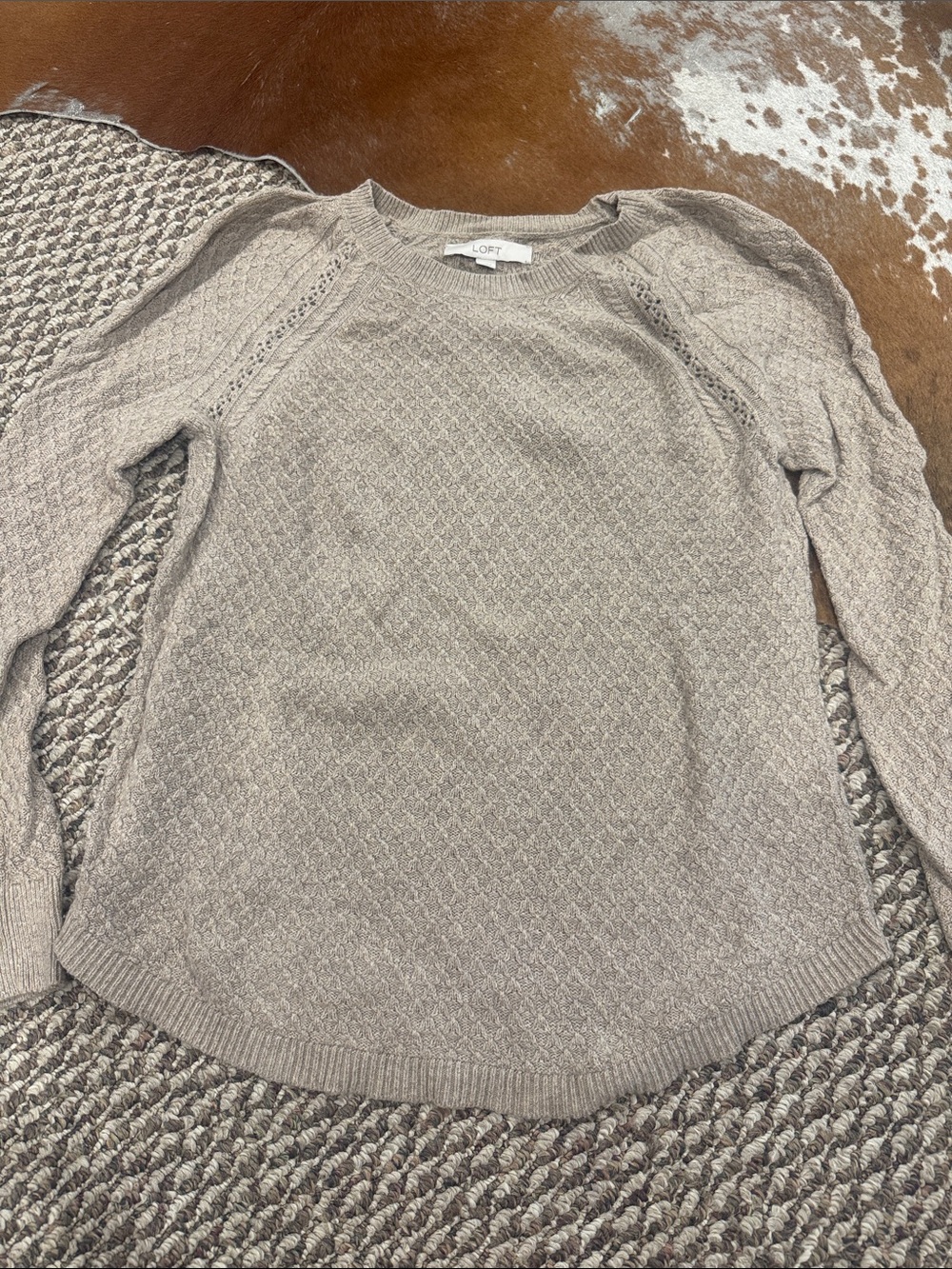 LOFT Neutral Taupe Crewneck Textured Knit Sweater